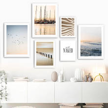 Seagull pôster de parede de madeira onda de mar, barco com areia, pilha de arte de parede, pintura em tela, pôsteres nórdicos e impressões, imagens de parede para decoração de sala de estar 2024 - compre barato