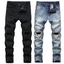 Moda masculina preto rasgado calças de brim magros única perna abertura zíper design estiramento calças jeans casual reta cowboys calças 2024 - compre barato