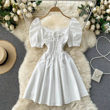Summer Square Collar White Cotton Dress Women Bow Tie Big Puff Sleeve Dress Pleated Mini Elastic Waist Dresses Lady Elegant New 2024 - buy cheap