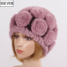 Real fur Hats Women Warm Real Rex Rabbit Fur Flowers Hat Winter Hand Knitted Natural Rex Rabbit Beanies Caps Wholesale Retail 2024 - buy cheap