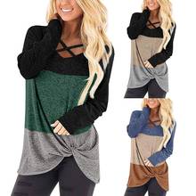 Women Casual Long Sleeve Cross V Neck Color Blocks Side Hem Knot Blouse T-shirt perfect gifts for friends daily wear 2024 - buy cheap