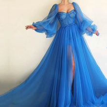 Custom Made Blue Prom Dresses Long Puffy Sleeve Tulle Backless Formal Evening Party Gowns Beauty Pageant Dresses 2022 2024 - buy cheap