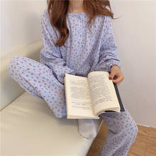 Pijamas de algodão feminino cereja estampa pijamas de manga comprida top + calças 2 peças vestuário solto gola redonda pulôver pijamas confortáveis s1027 2024 - compre barato