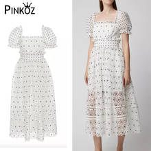 Pinkoz-vestido midi vintage victoriano para mujer, ropa de fiesta de lunares blancos, línea A, con cuello cuadrado, para uso diario 2024 - compra barato