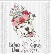 Pitbull cortina de chuveiro retrato de um cão vestindo um étnico americano pena headpiece boho chic design pano banheiro tecido 2024 - compre barato