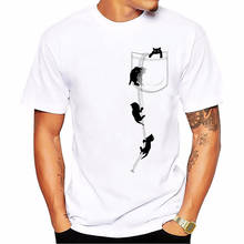 Camiseta divertida con estampado de gato para hombre, camisa blanca con bolsillo de animal, ropa de calle, tumblr 2024 - compra barato