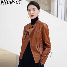 Ayunsua jaqueta de couro legítimo feminina, casaco de pele de carneiro real estilo coreano, primavera outono, roupas curtas vintage 2024 - compre barato