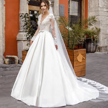 Vestido de noiva de cetim com renda, manga longa, branco, marfim, plus size, feito sob encomenda, 2020 2024 - compre barato