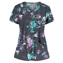 40# Women Floral Print T-shirts Nurse Clothing Short Sleeve V-neck Tops Nurse Working Uniform Thanksgiving Pocket T-shirts Top 2024 - buy cheap