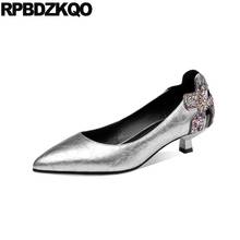 Stiletto Low Heels Genuine Leather Pointed Toe High Quality Glitter Brand Designer Shoes Women Patent Silver Peach Slip On Pumps 2024 - buy cheap