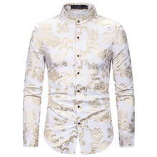 Camisa masculina branca floral com estampa em bronze, camisa justa casual de manga longa para festa, 2021 2024 - compre barato