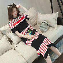 Summer Maternity Wear Striped Breastfeeding Short Sleeve Nursing Dress Pure Color Loose Open-Forked Long T-Shirt Pregnant Cloth 2024 - buy cheap
