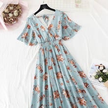 2021 New Floral Women Dress bohemian Sexy V-neck A-Line Short sleeves Chiffon Dresses summer Vintage beach Print Long Dress 2024 - buy cheap