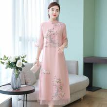 Vestido casual de chiffon estilo chinês, vestido feminino de chiffon para primavera e verão, vestido estampado com gola alta 2024 - compre barato