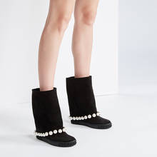 Black Suede Slip-on Pearl Embellished Women Knee High Boots Shoes Autumn Winter Gladiator Fold Long Boots Shoes Woman Lady Boots 2024 - buy cheap