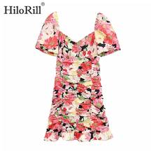 HiloRill Women Chic Bodycon Mini Dresses Vintage Floral Print Ruffle Party Dress Puff Short Sleeve Summer Dress Boho Sundress 2024 - buy cheap