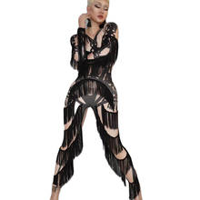 Black Printing Bodysuit Women V-Neck Tassel Long Sleeve Performance Clothing Nightclub Dance Show Wear Theatrical Costume 2024 - buy cheap