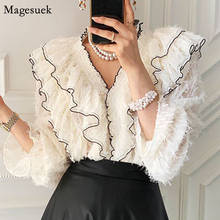 Blusa elegante coreana con volantes para mujer, camisa de manga larga con cuello de pico, color blanco, Primavera, 12902 2024 - compra barato