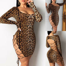 Women Sexy Bandage Bodycon Mini Dress Long Sleeve Leopard Club Party Short Dress 2024 - buy cheap