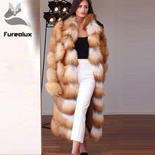 Furealox casaco de pele de raposa real, super longo gola de inverno feminino, casaco de pele de raposa vermelha, jaqueta feminina solta de pele com capuz 2024 - compre barato