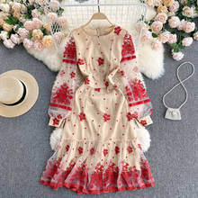 Vintage Embroidery Flower Mesh Beach Dress Fashion Women Long Midi Vacation Boho Dresses 2021 New 2024 - compre barato