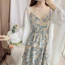 Long Sleeve Chiffon Spaghetti-Strap Floral Print Dress Female Summer Two-Piece Outfit Woman Dresses Vestido De Mujer Femme Robe 2024 - buy cheap