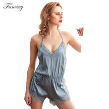 Fanceey-conjunto de pijamas femininos transparentes, pijamas femininos, roupas de dormir, macacão, laço, seda, cetim, decote v profundo, camisola 2024 - compre barato