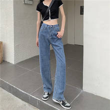 Calças jeans femininas de verão vintage lavado xadrez design personalizado moda cintura alta solta perna larga calças de perna reta 652 # 2024 - compre barato
