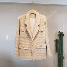 Vintage xadrez casacos de lã feminino entalhado manga longa solta casacos casuais luxo elegante bombardeiro harajuku tweed outwear novo b583 2024 - compre barato