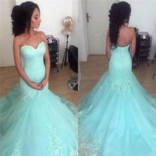 Custom Mint Green Lace Mermaid Prom Dresses 2020 with Appliques Sweep Train Strapless Tulle Formal Evening Party Gowns 2024 - buy cheap