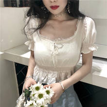Womens Solid Short Sleeve Chiffon Tops Ladies Casual Lace Square Collar Blouses Vintage Square Collar Shirts Blusas Mujer 2024 - buy cheap