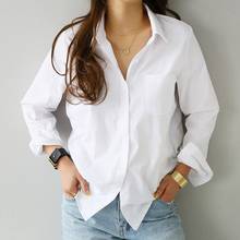 Camisa feminina branca, blusa feminina manga comprida casual lisa gola virada estilo ol folgada 2024 - compre barato