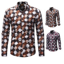 Мужские повседневные рубашки с длинным рукавом, модная рубашка с 3D геометрическим принтом, приталенная Мужская рубашка с отворотом, мужская одежда 2024 - купить недорого