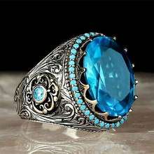 2021 New Vintage Bohemia Carved Pattern Oval Sea Blue Zircon Rings For Women Trendy Silver Color Boho Female Jewelry Party Gifts 2024 - buy cheap