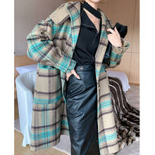 Casaco feminino vintage de lã 100%, casaco longo de lã elegante, xadrez, feminino, moda coreana, manteau femme, inverno 2020 9023 2024 - compre barato
