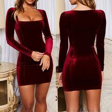 2021 Summer Autumn Sexy Women Velvet Dress Vintage Square Collar Long Sleeve Mini Dress Elegant Bodycon Party Dress 2024 - buy cheap