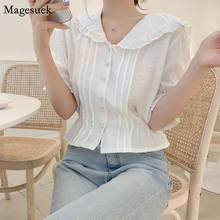 Korean Pleated White Shirt Tops Women Office Lady Button Up Shirts For Women Peter Pan Collar Sweet Solid Casual Blouse 10103 2024 - buy cheap