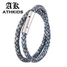 Trendy Retro Blue Braided Leather Double Layer Bracelet Men Women Stainless Steel Snaps Vintage Wristband Gifts PD0490 2024 - buy cheap