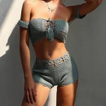 2021 New handmade crochet 2PCS/SET Beachwear cover-ups sexy women off shoulder crop top+shorts bottom bikini swimwear cover up 2024 - buy cheap