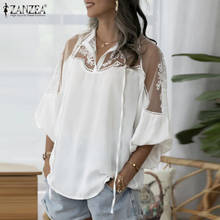ZANZEA Sexy Lace Tops Summer Chiffon Shirt Elegant V Neck 3/4 Sleeve Mesh Patchwork Blouse Casual Loose Work OL Blusas Tunic 2024 - buy cheap