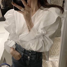 2021 novo outono estilo coreano babados com decote em v camisa de manga longa feminina sólida elegante blusa feminina senhoras cardigan tops blusas 9656 2024 - compre barato