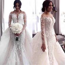 Luxury Arabic Mermaid Lace Wedding Dress 2022 robe de mariée Long Sleeve Wedding Gowns For Women Detachable Train Sheer Bridal 2024 - buy cheap