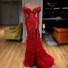 Red Off Shoulder Mermaid  Sexy Dubai Evening Dresses 2021 Long Sleeves Sequins Feathers Formal Dress Serene Hill HM67125 2024 - buy cheap