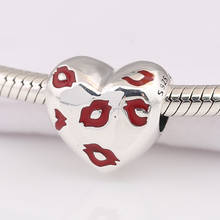 Esmalte vermelho amor coração com lábios grânulo charme autêntico s925 ajuste pandora pulseira para mulher jóias diy 2024 - compre barato