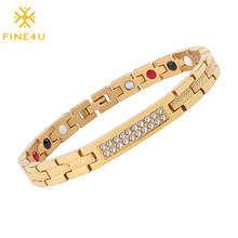 FINE4U B374 Women Crystal Bracelet Stainless Steel Health Magnetic Hologram Bracelet 4 Health Care Elements Hand Chain Bracelet 2024 - buy cheap