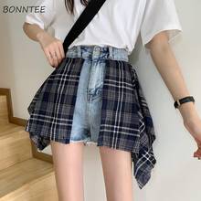 Women Shorts High Waist Plaid Patchwork Streetwear A-line Denim Teens Womens All-match Fashion Leisure Ulzzang Vintage Stylish 2024 - buy cheap