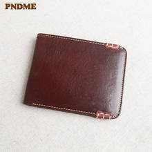 PNDME vintage hand-sewn genuine leather men's small wallet simple natural first layer cowhide short ID card holder youth purse 2024 - buy cheap