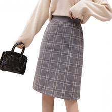 Falda de lana elástica de cintura alta para mujer, faldas de tela a cuadros de estilo coreano, a la cadera, de talla grande 2024 - compra barato