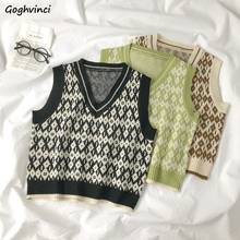 Sweater Vest Women V-neck Argyle Knitting Korean Style Students All-match Femme Elegant Autumn Chic Fashion Sleeveless Leisure 2024 - buy cheap