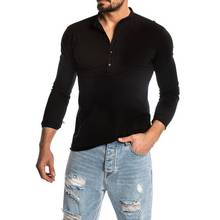 Мужская хлопковая футболка с длинным рукавом, Мужская Однотонная футболка, Топы И Футболки, длинная рубашка с воротником-стойкой 2024 - купить недорого
